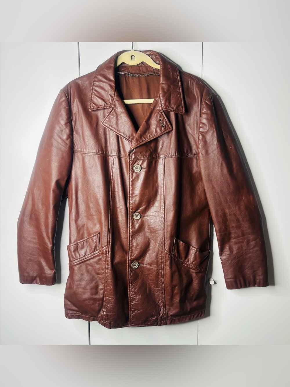 Men's Brown Leather Pea Coat - Classic Button-Front